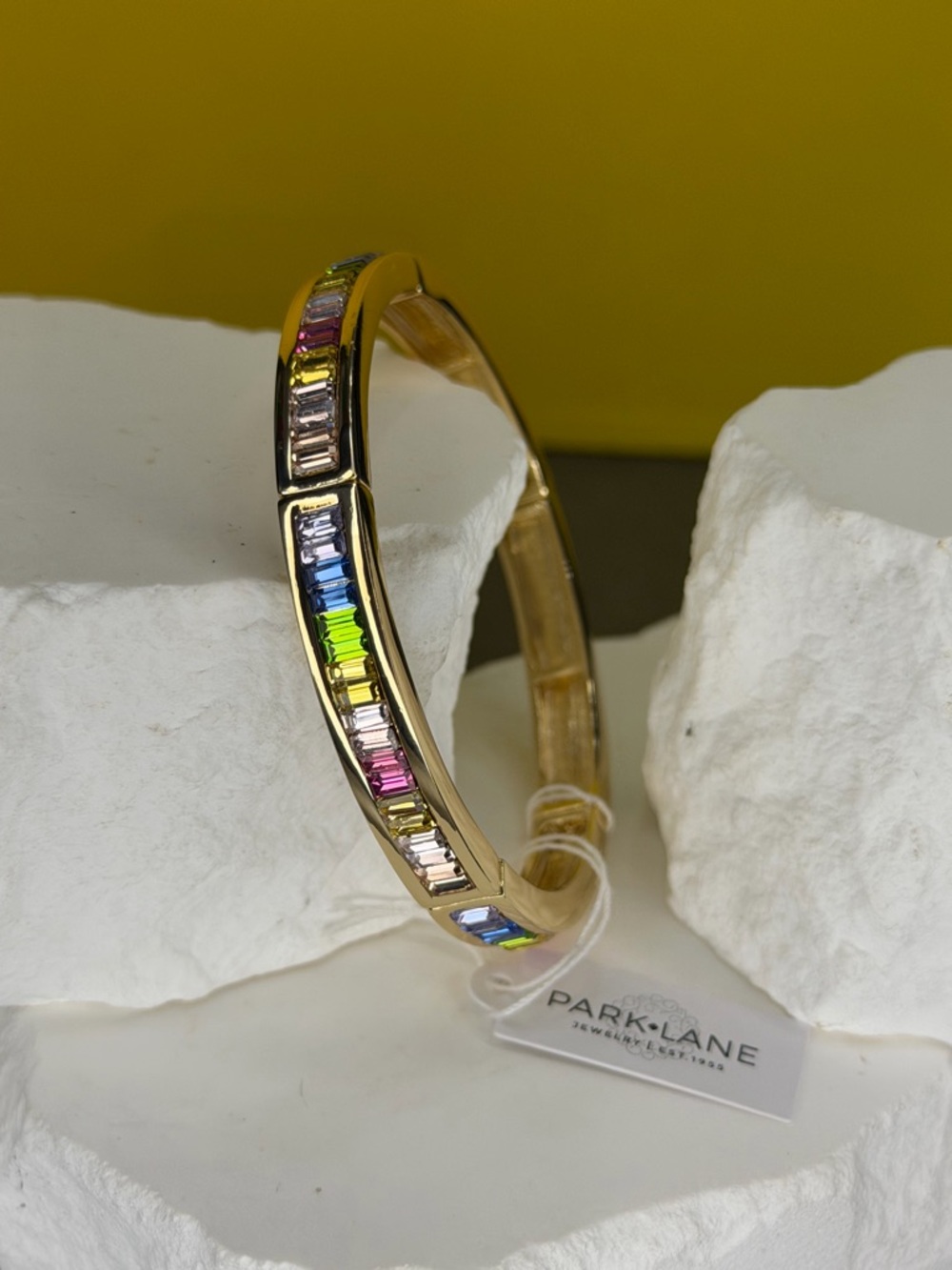 Park Lane Women’s Funfetti Bracelet Gold Tone Rainbow Baguette Crystal Bangle - Picture 2 of 5